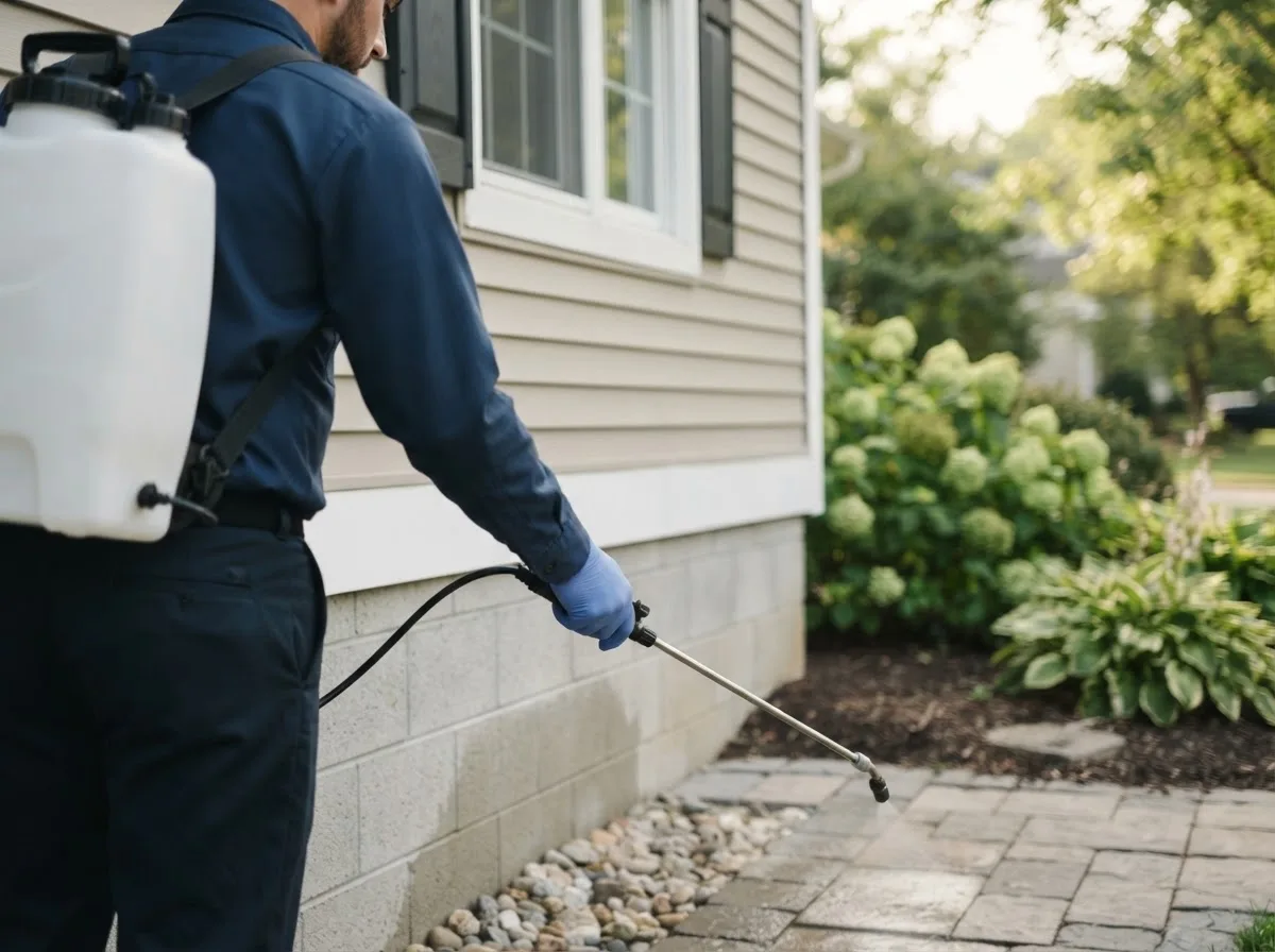 Pest control technician inspecting a home in Alexandria, OH